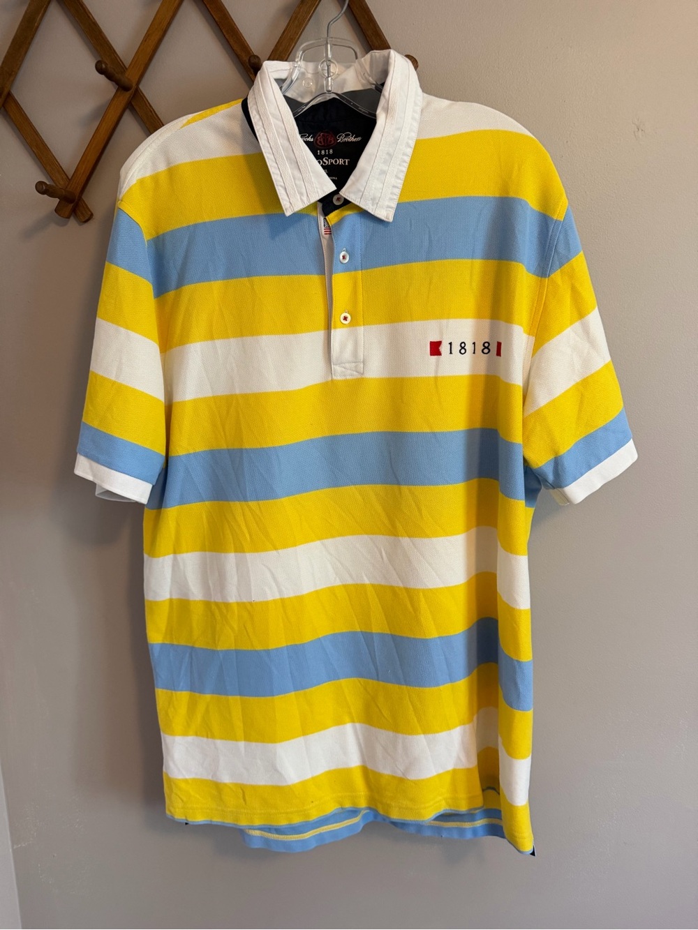 Brooks Brothers ProSport 1818 Striped Rugby Polo Shirt Yellow Blue White Size XL